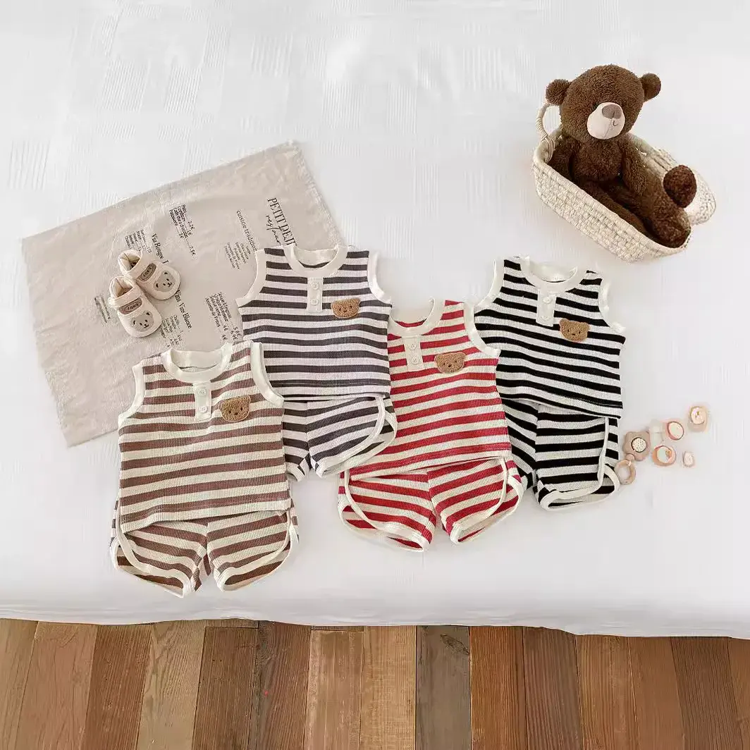 2025 Summer Baby Toddler Unisex Waffle Knit Bear Sleeveless Top & Pants 2-Piece Set