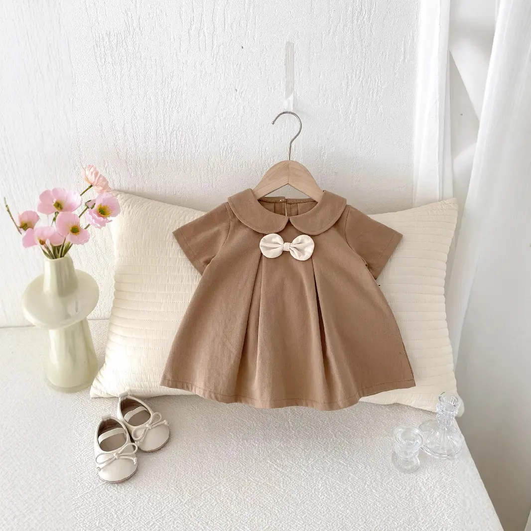 Korean Children's Clothing 2025 Summer New Style College Style Baby Girl Bow Cute Doll Collar Princess Dress