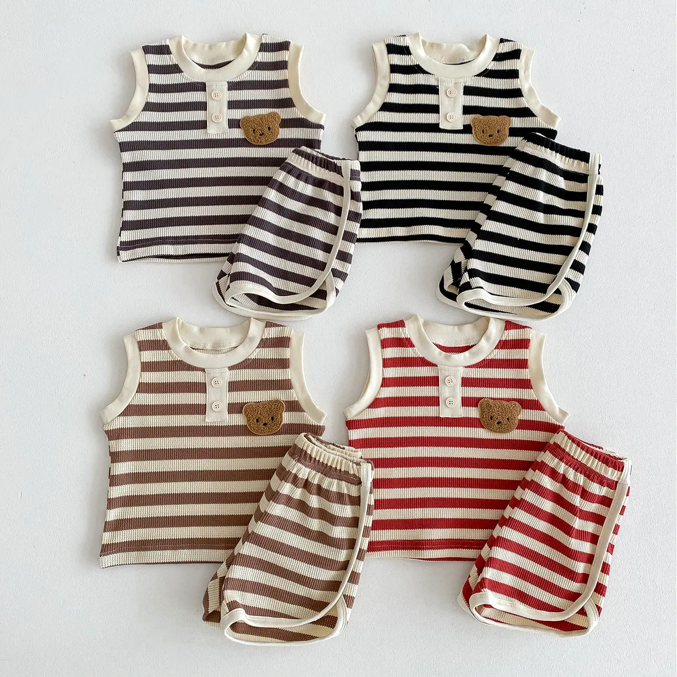 2025 Summer Baby Toddler Unisex Waffle Knit Bear Sleeveless Top & Pants 2-Piece Set