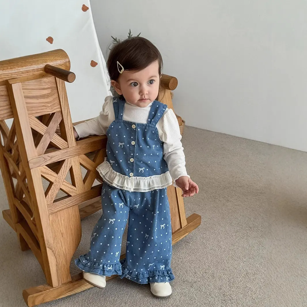 Girls' Korean Version Set 2025 New Autumn Baby Bow Camisole Top Lace Wide Leg Pants Two-piece Set Trendy