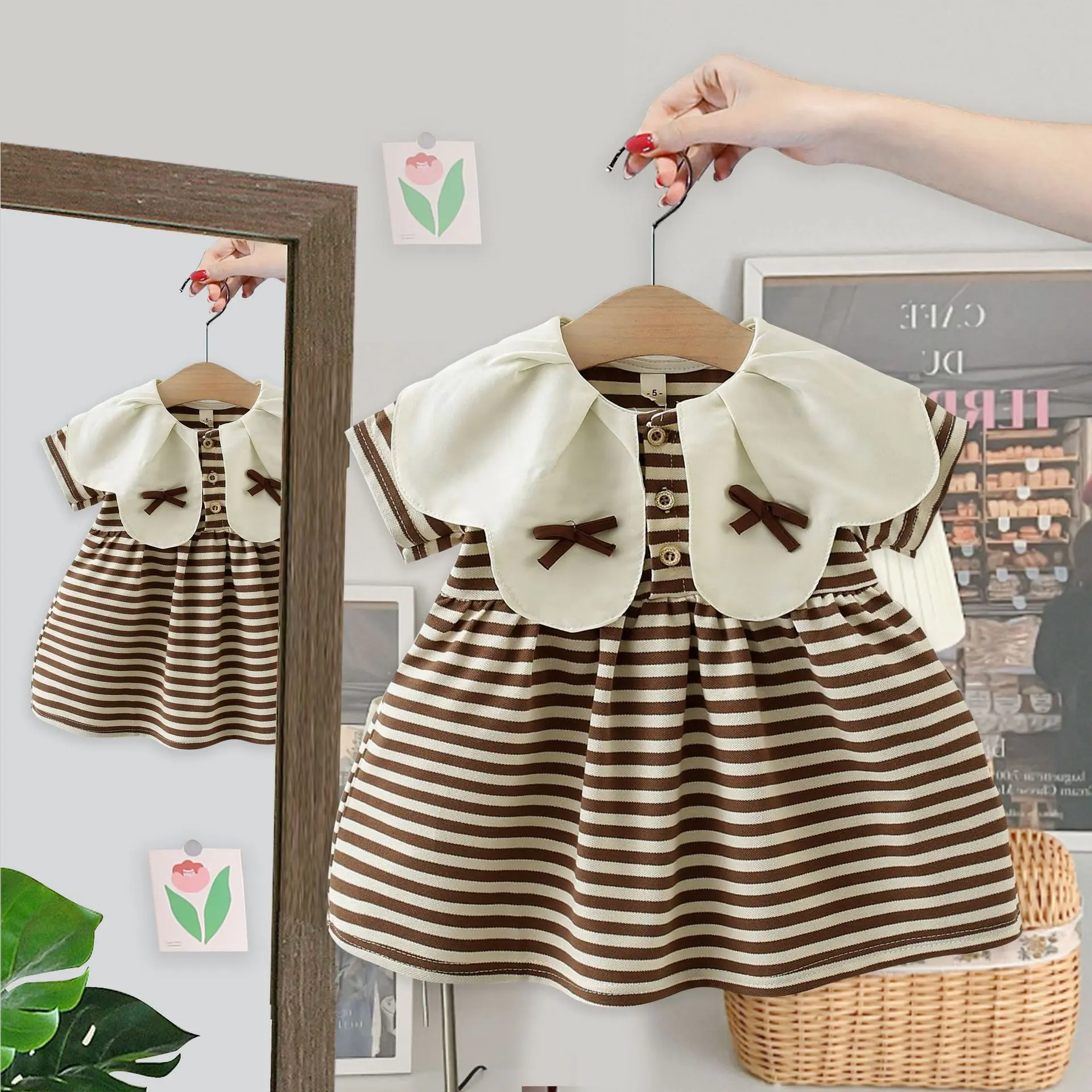 Girls' Summer Dress 2025 Spring/Summer Children's Elegant Petal Collar Striped Short Sleeve Skirt Baby Sweet Skirt