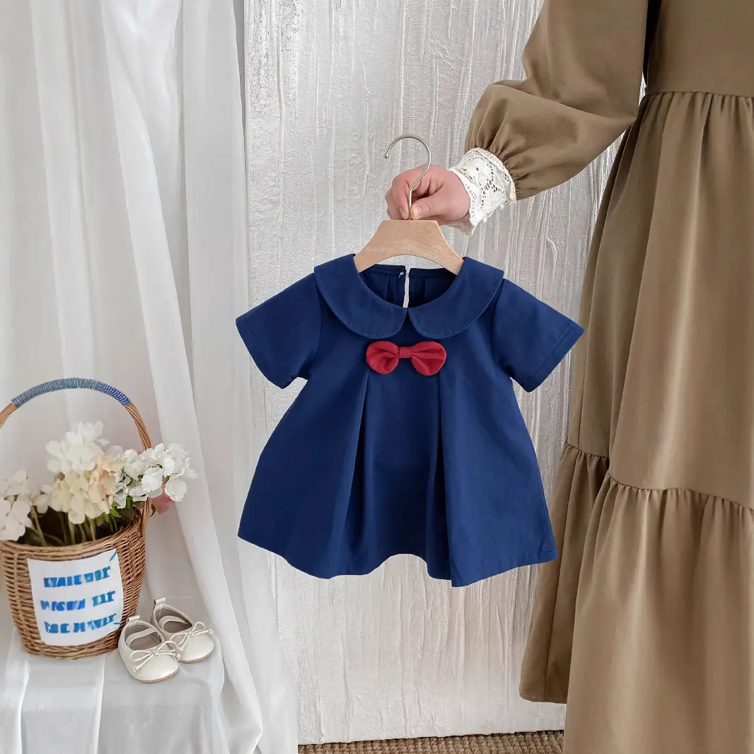 Korean Children's Clothing 2025 Summer New Style College Style Baby Girl Bow Cute Doll Collar Princess Dress
