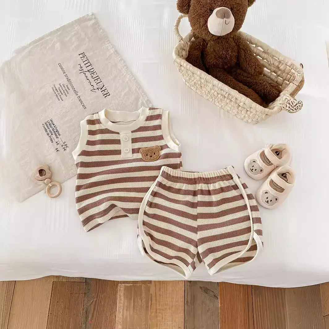 2025 Summer Baby Toddler Unisex Waffle Knit Bear Sleeveless Top & Pants 2-Piece Set