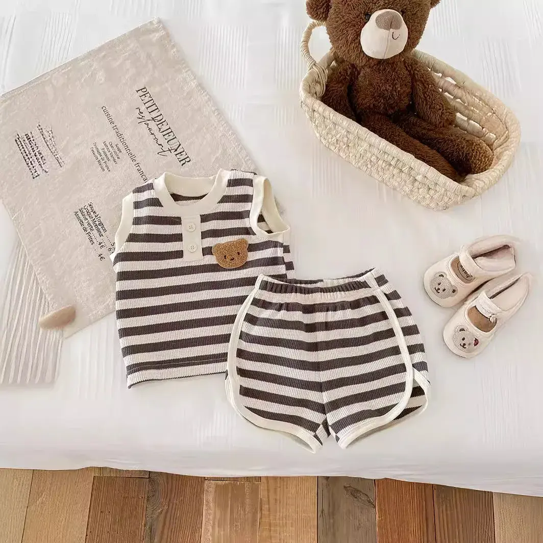 2025 Summer Baby Toddler Unisex Waffle Knit Bear Sleeveless Top & Pants 2-Piece Set