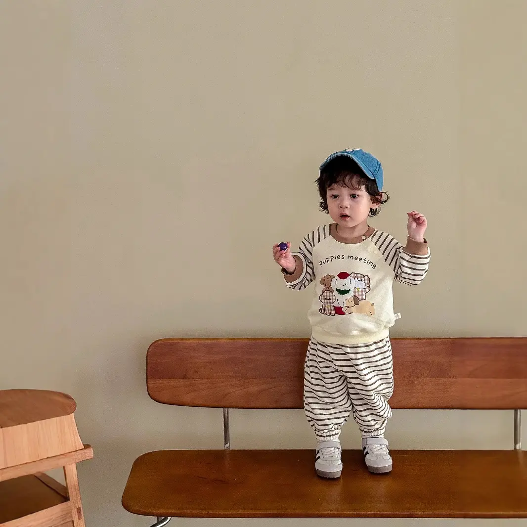 Children's Stripe Set 2025 New Autumn Boys' Fashion Embroidered Cartoon Hoodie Baby Pants Two Piece Set