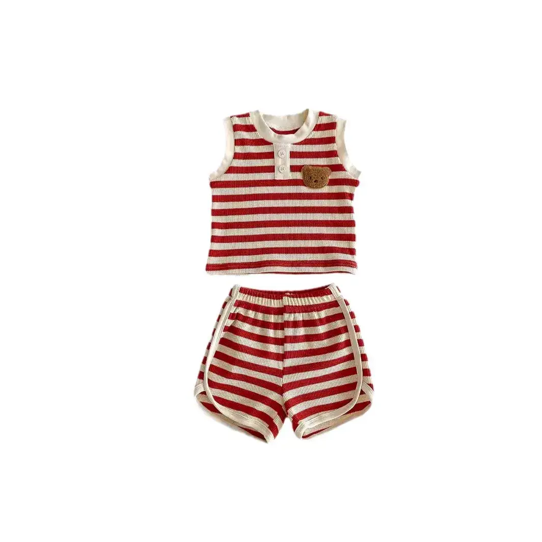 2025 Summer Baby Toddler Unisex Waffle Knit Bear Sleeveless Top & Pants 2-Piece Set