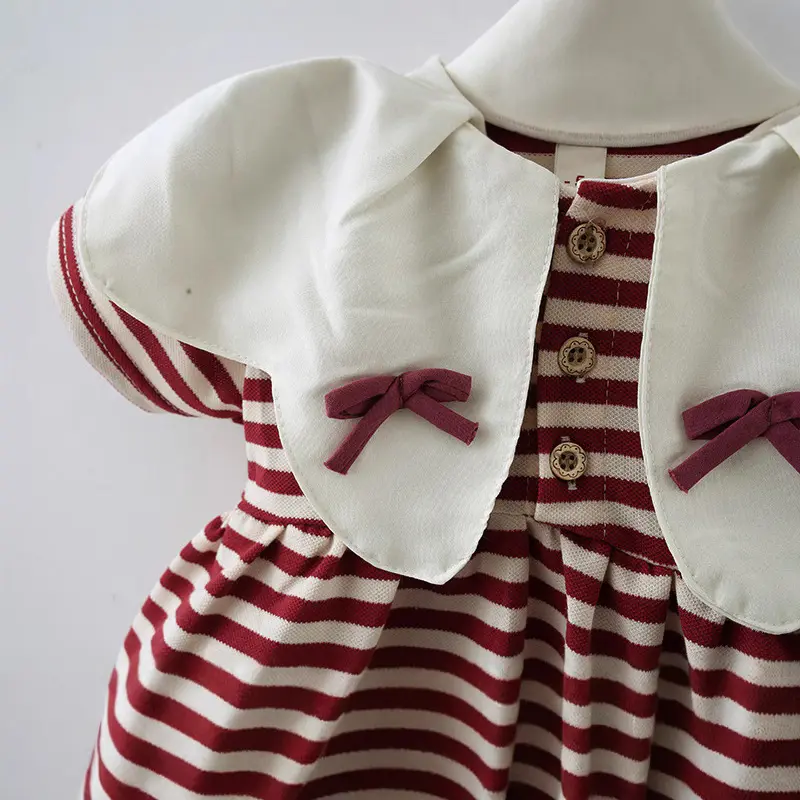 Girls' Summer Dress 2025 Spring/Summer Children's Elegant Petal Collar Striped Short Sleeve Skirt Baby Sweet Skirt