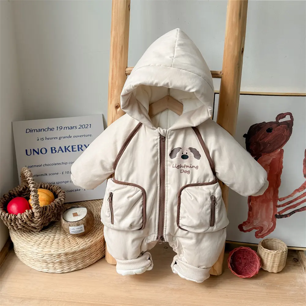 New winter baby cotton jumpsuit with 3D pocket cartoon dog thick hooded outerwear for outdoor wear and winter clothes