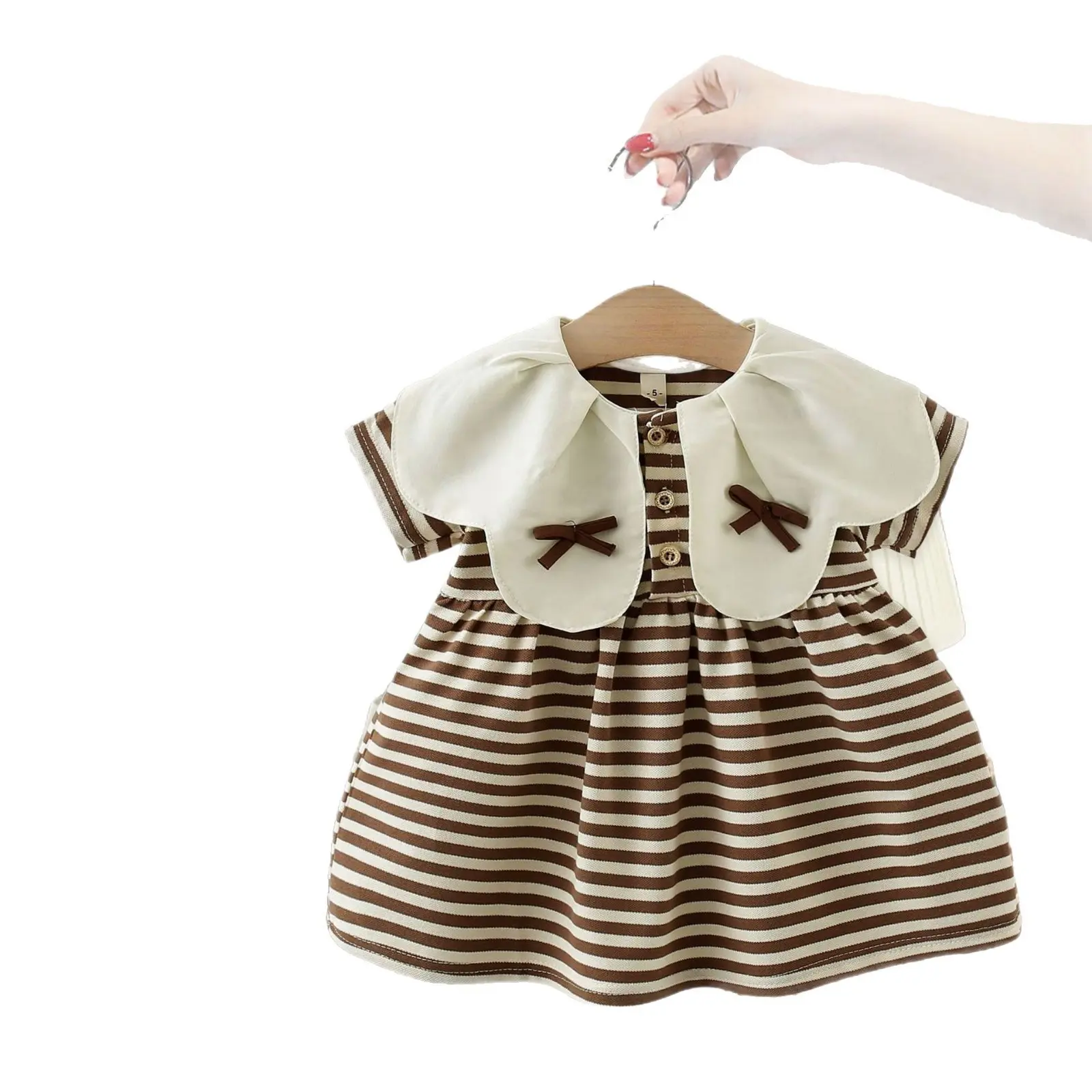 Girls' Summer Dress 2025 Spring/Summer Children's Elegant Petal Collar Striped Short Sleeve Skirt Baby Sweet Skirt