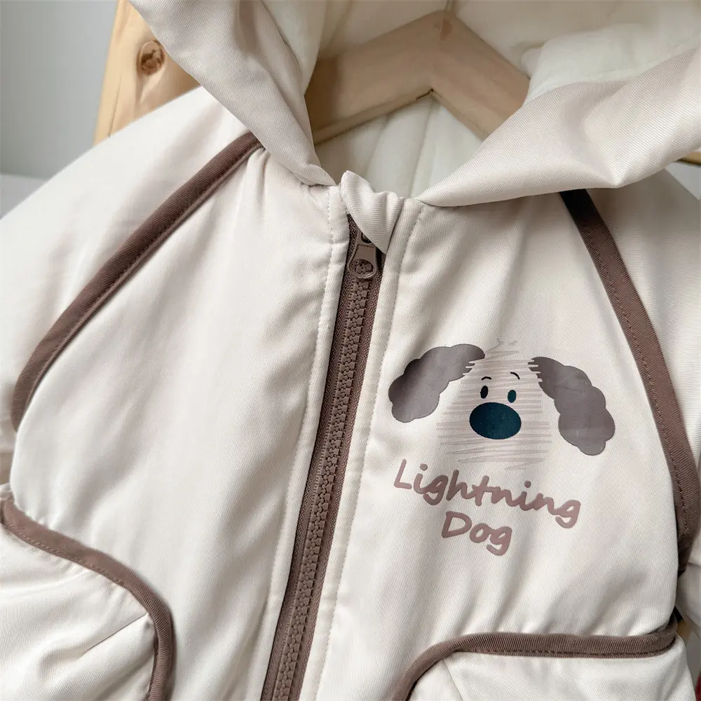 New winter baby cotton jumpsuit with 3D pocket cartoon dog thick hooded outerwear for outdoor wear and winter clothes