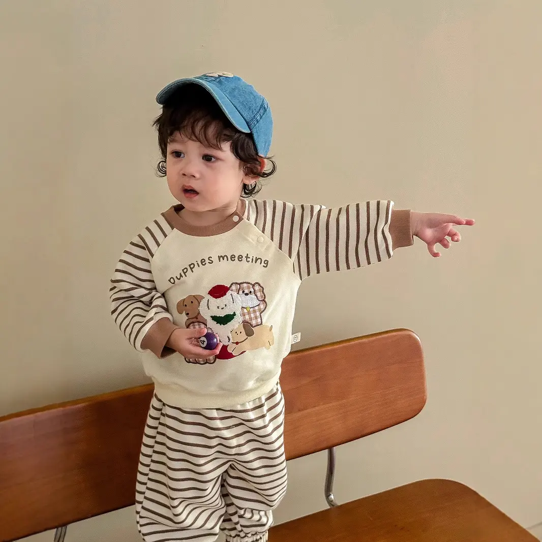 Children's Stripe Set 2025 New Autumn Boys' Fashion Embroidered Cartoon Hoodie Baby Pants Two Piece Set