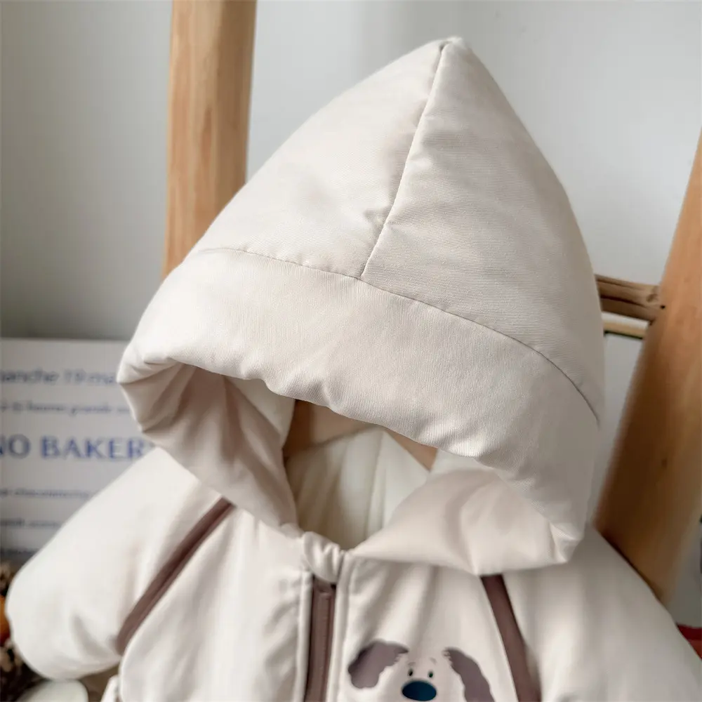 New winter baby cotton jumpsuit with 3D pocket cartoon dog thick hooded outerwear for outdoor wear and winter clothes