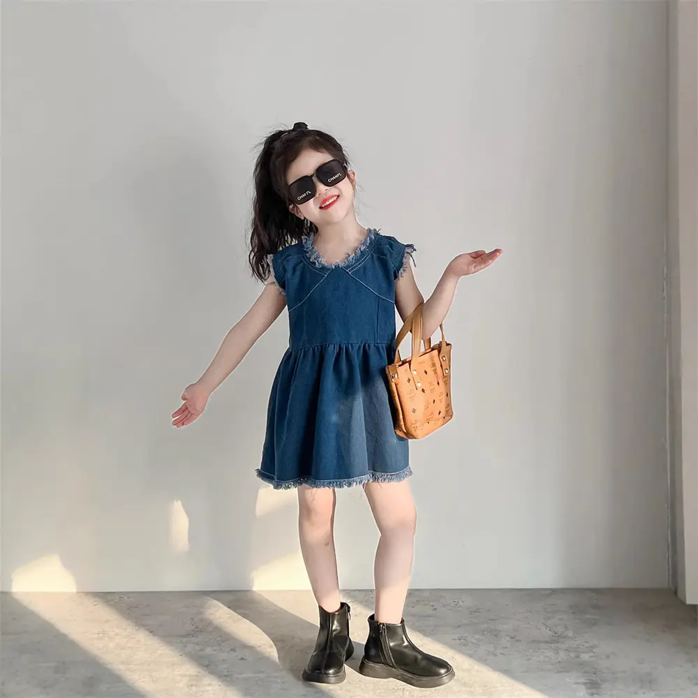 2025 Summer New Korean Style Children's Clothing, Girls' Stylish Sleeveless Fringed Denim Skirt, Fashionable Vest Dress