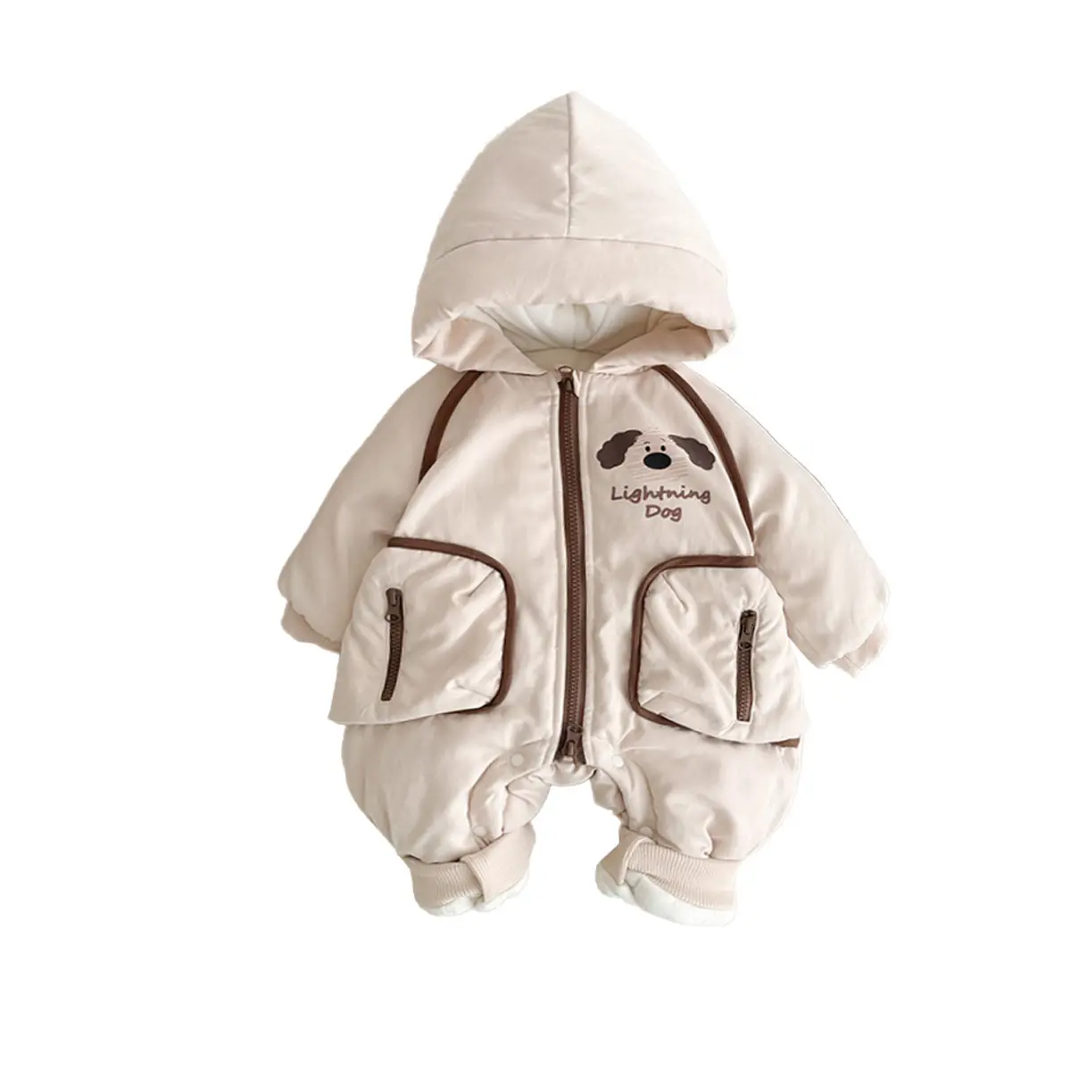 New winter baby cotton jumpsuit with 3D pocket cartoon dog thick hooded outerwear for outdoor wear and winter clothes