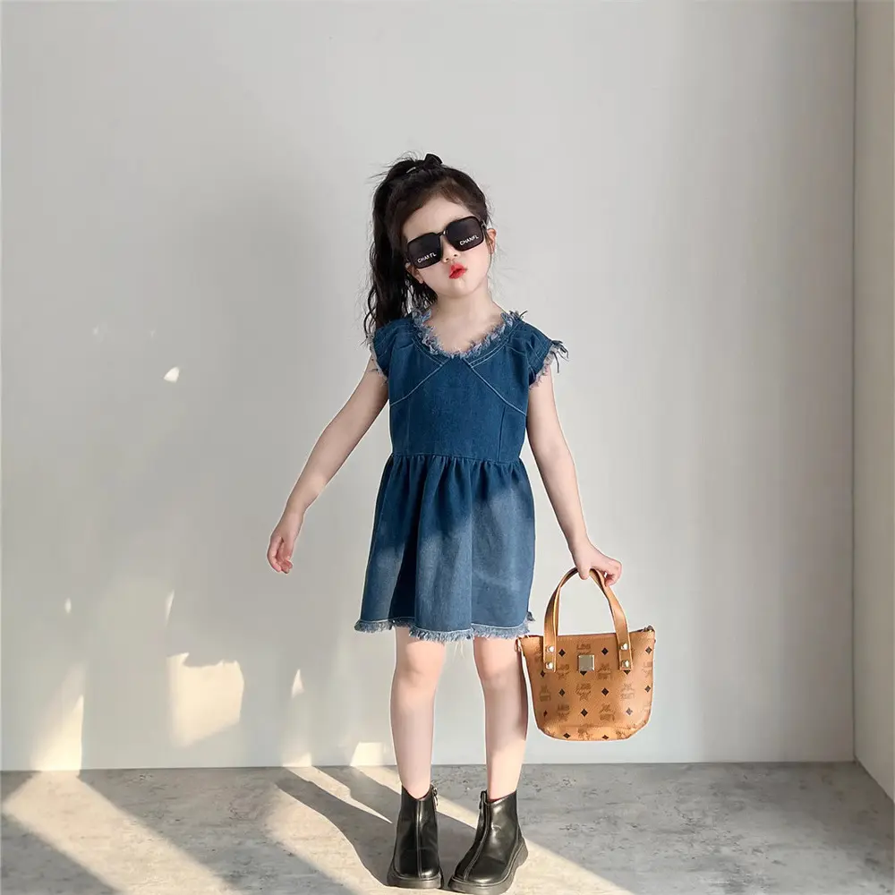 2025 Summer New Korean Style Children's Clothing, Girls' Stylish Sleeveless Fringed Denim Skirt, Fashionable Vest Dress