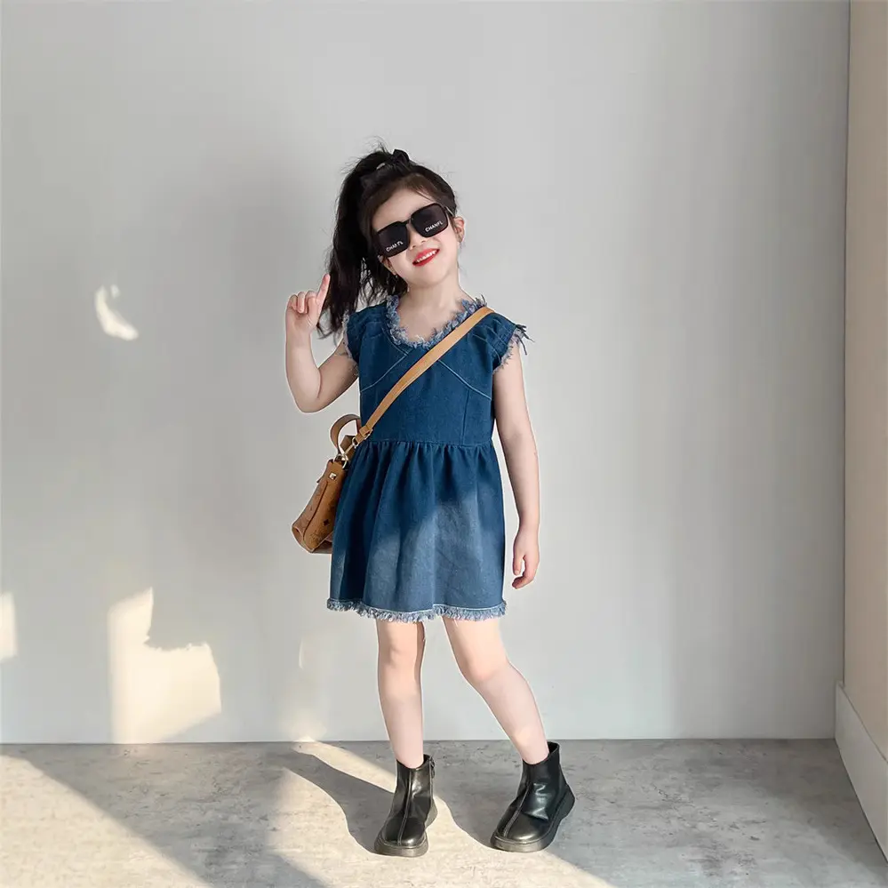 2025 Summer New Korean Style Children's Clothing, Girls' Stylish Sleeveless Fringed Denim Skirt, Fashionable Vest Dress