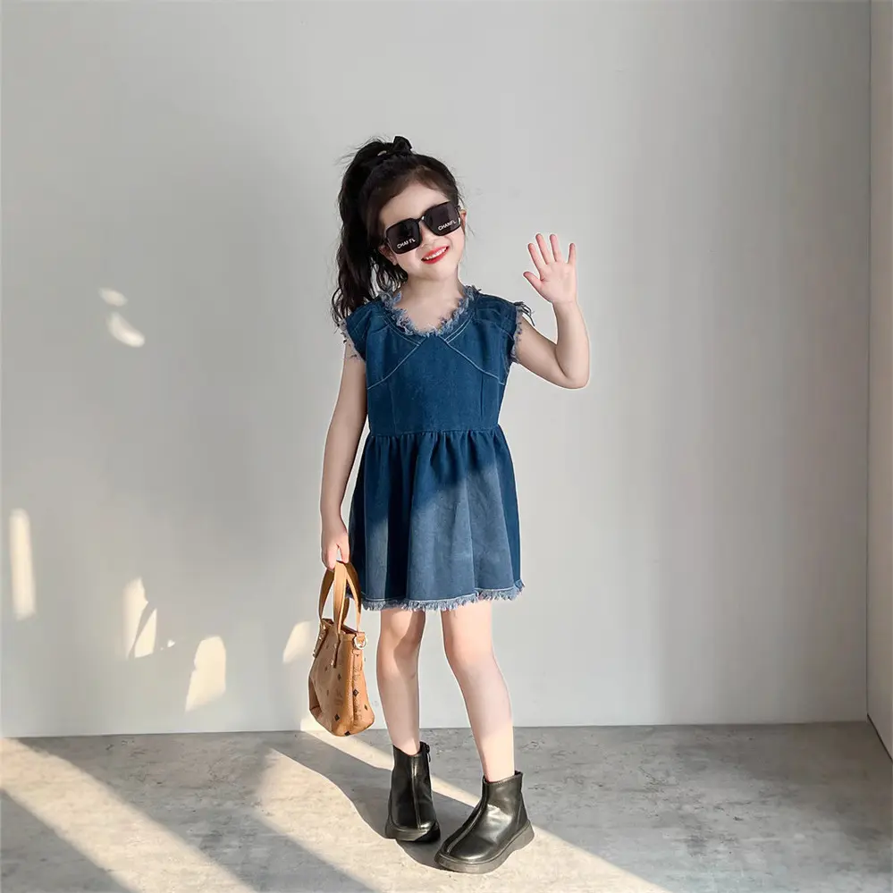 2025 Summer New Korean Style Children's Clothing, Girls' Stylish Sleeveless Fringed Denim Skirt, Fashionable Vest Dress