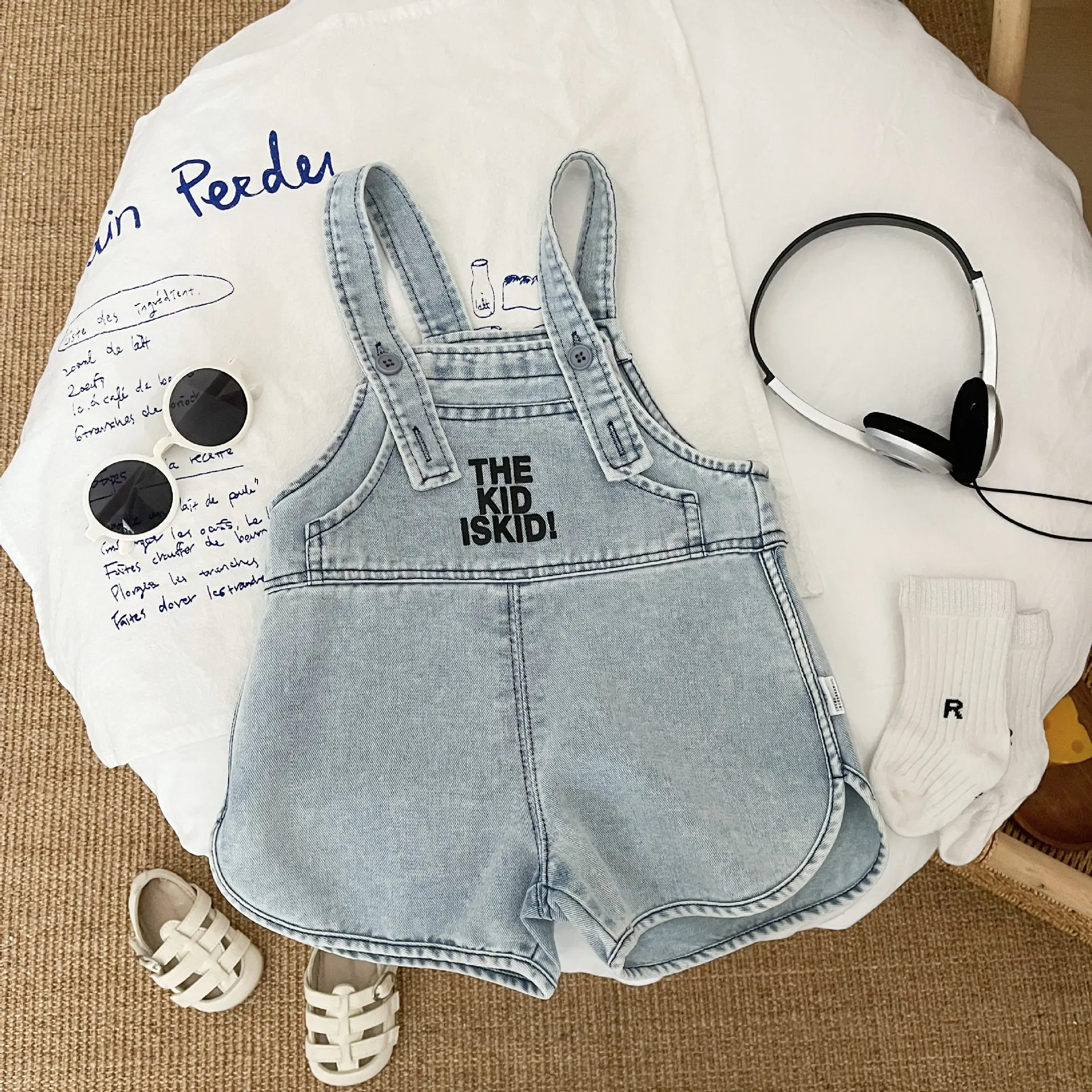 Korean Version Baby Clothes Summer Boys and Girls Baby Denim Shoulder Shorts Jumpsuit Newborn Short Sleeved Crawling Suit Thin