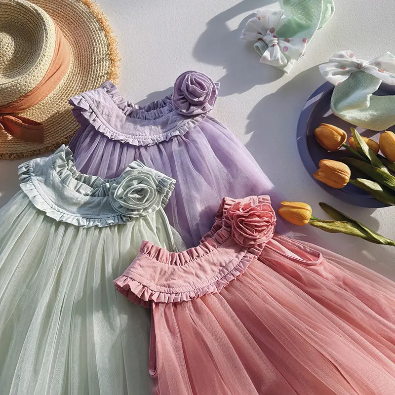 Vacation Style Camisole Mesh Girls' Dress Princess Dress 2025 Summer Style Rose Children's Fluffy Skirt Beach Skirt
