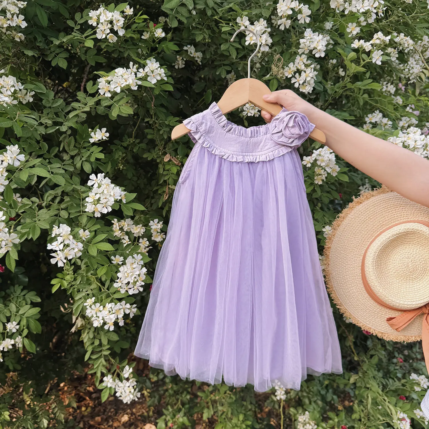 Vacation Style Camisole Mesh Girls' Dress Princess Dress 2025 Summer Style Rose Children's Fluffy Skirt Beach Skirt