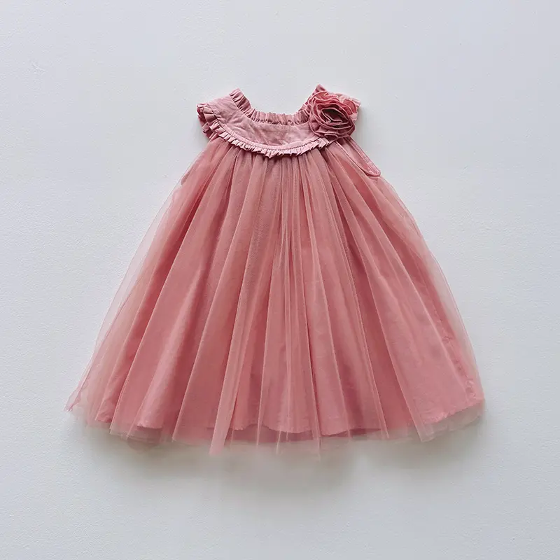 Vacation Style Camisole Mesh Girls' Dress Princess Dress 2025 Summer Style Rose Children's Fluffy Skirt Beach Skirt