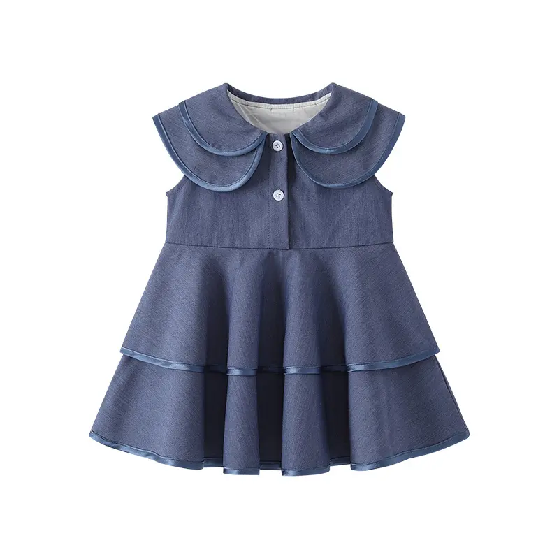 Girls' Skirt Summer Children's Wear 2025 British Retro Little Princess Dress Deep Blue Multi Layer Skirt Children's Skirt