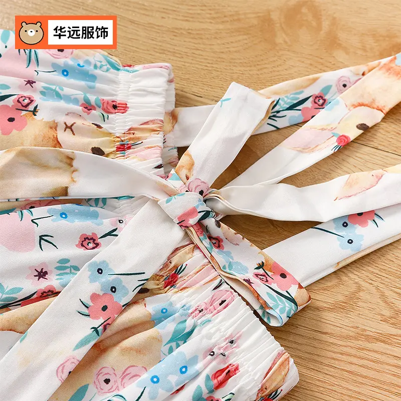 Ins Foreign Trade Children's Clothing Spring and Autumn Solid Color Short sleeved T-shirt Rabbit Printed Strap Skirt Set