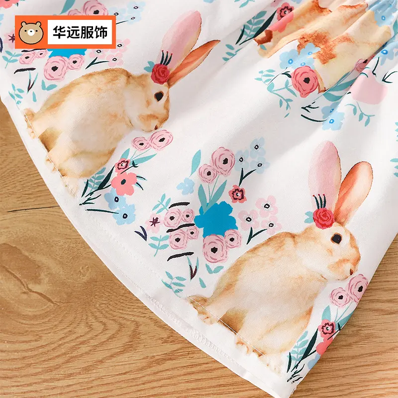 Ins Foreign Trade Children's Clothing Spring and Autumn Solid Color Short sleeved T-shirt Rabbit Printed Strap Skirt Set