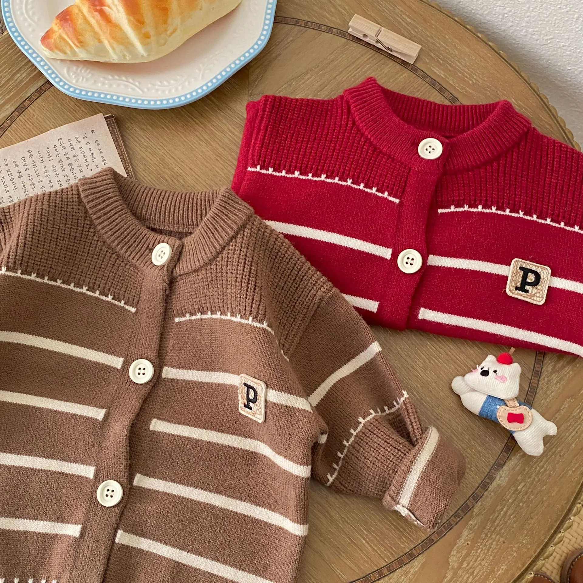 Autumn and Winter Children's Clothing Baby Sweaters Knitted Cardigans Set Boys and Girls Korean Version Striped Warm 2-piece Set