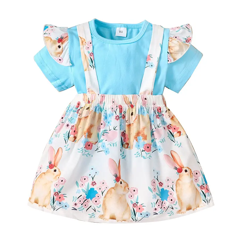 Ins Foreign Trade Children's Clothing Spring and Autumn Solid Color Short sleeved T-shirt Rabbit Printed Strap Skirt Set