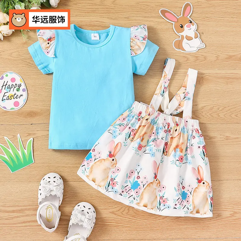 Ins Foreign Trade Children's Clothing Spring and Autumn Solid Color Short sleeved T-shirt Rabbit Printed Strap Skirt Set