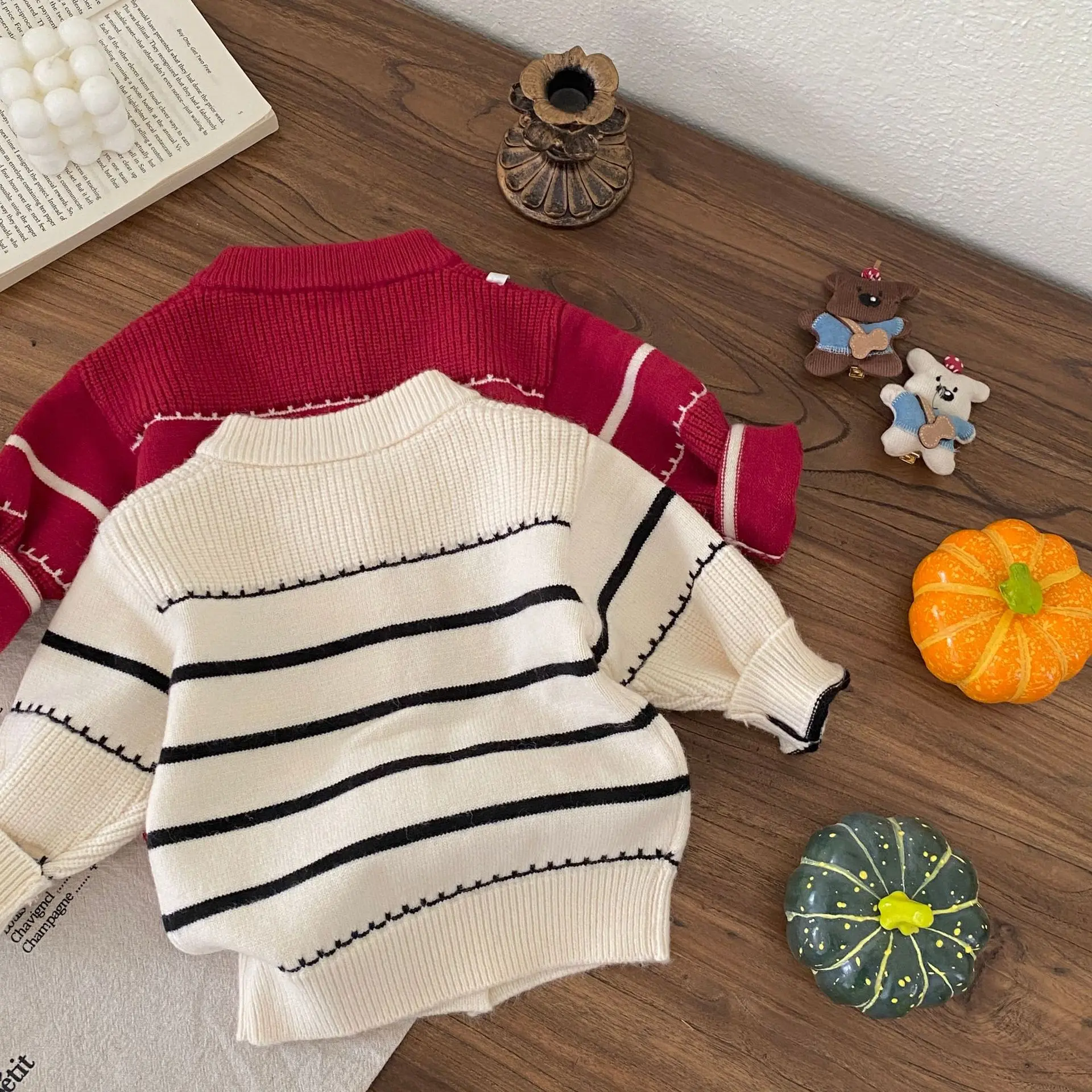 Autumn and Winter Children's Clothing Baby Sweaters Knitted Cardigans Set Boys and Girls Korean Version Striped Warm 2-piece Set