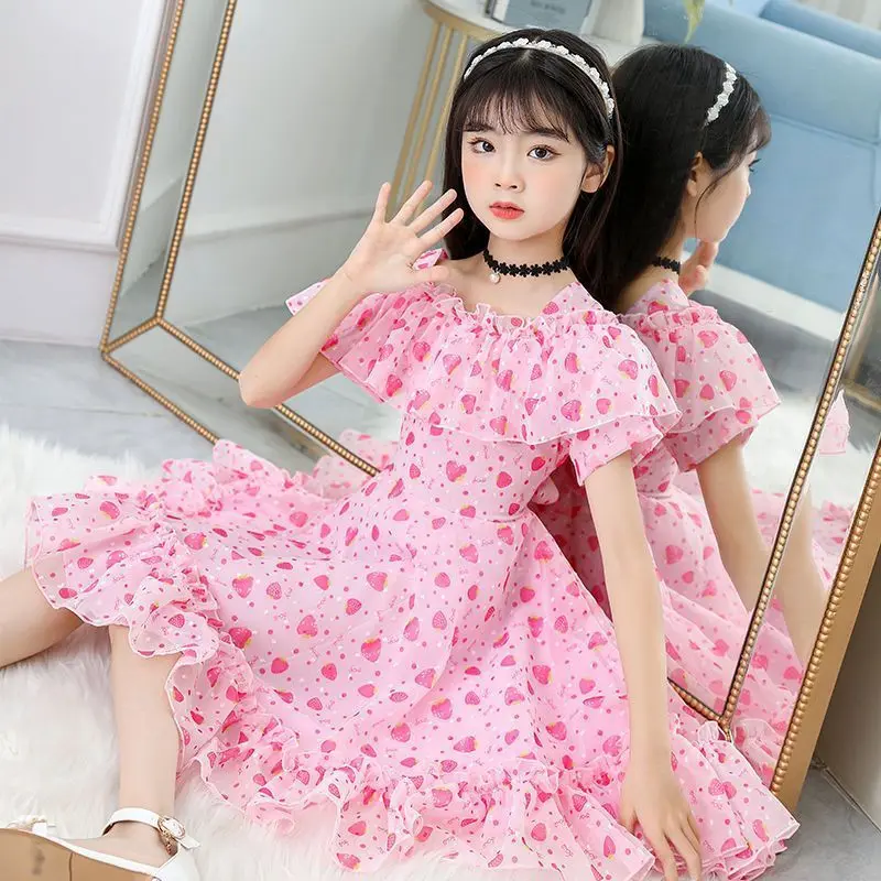 Girls' summer short sleeved dress, big children's chiffon fashionable and sweet girls' new floral and stylish princess dress