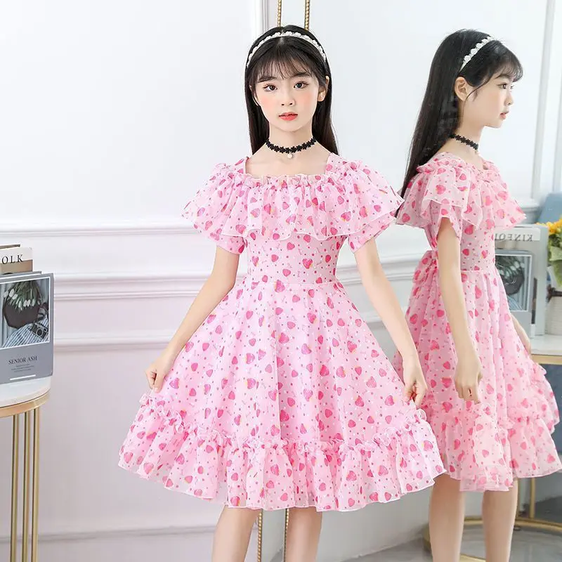 Girls' summer short sleeved dress, big children's chiffon fashionable and sweet girls' new floral and stylish princess dress