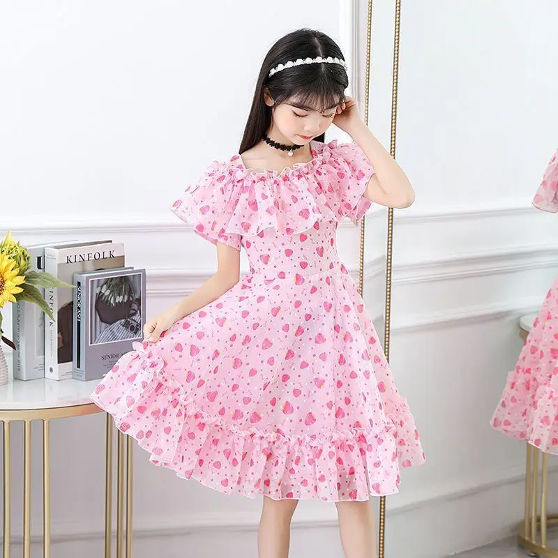 Girls' summer short sleeved dress, big children's chiffon fashionable and sweet girls' new floral and stylish princess dress