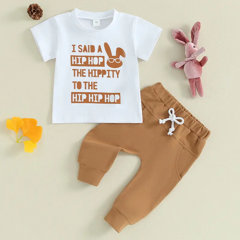 Children's Clothing 2025 Easter New Boys' Rabbit Print Short Sleeved Casual Pants Two-piece Set