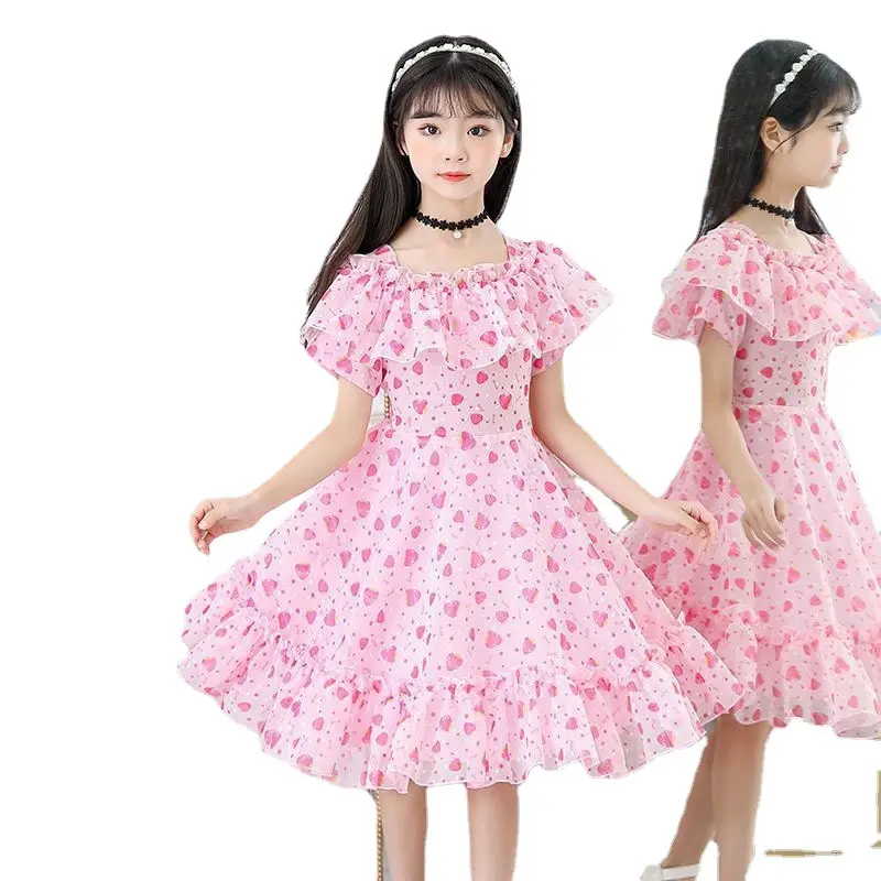Girls' summer short sleeved dress, big children's chiffon fashionable and sweet girls' new floral and stylish princess dress