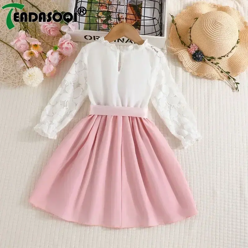 4-7Y Kids Girl Dress White Mesh Embroidery Lace Splicing Stand Collar Long-Sleeved Frilly Skirt Stylish Girls Princess Dresses