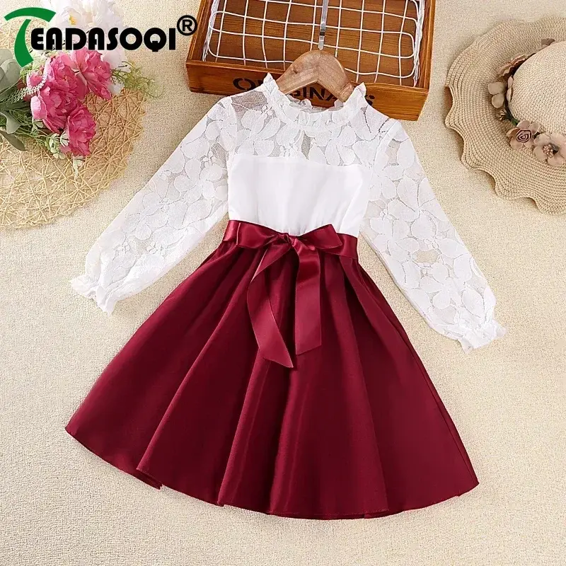 4-7Y Kids Girl Dress White Mesh Embroidery Lace Splicing Stand Collar Long-Sleeved Frilly Skirt Stylish Girls Princess Dresses