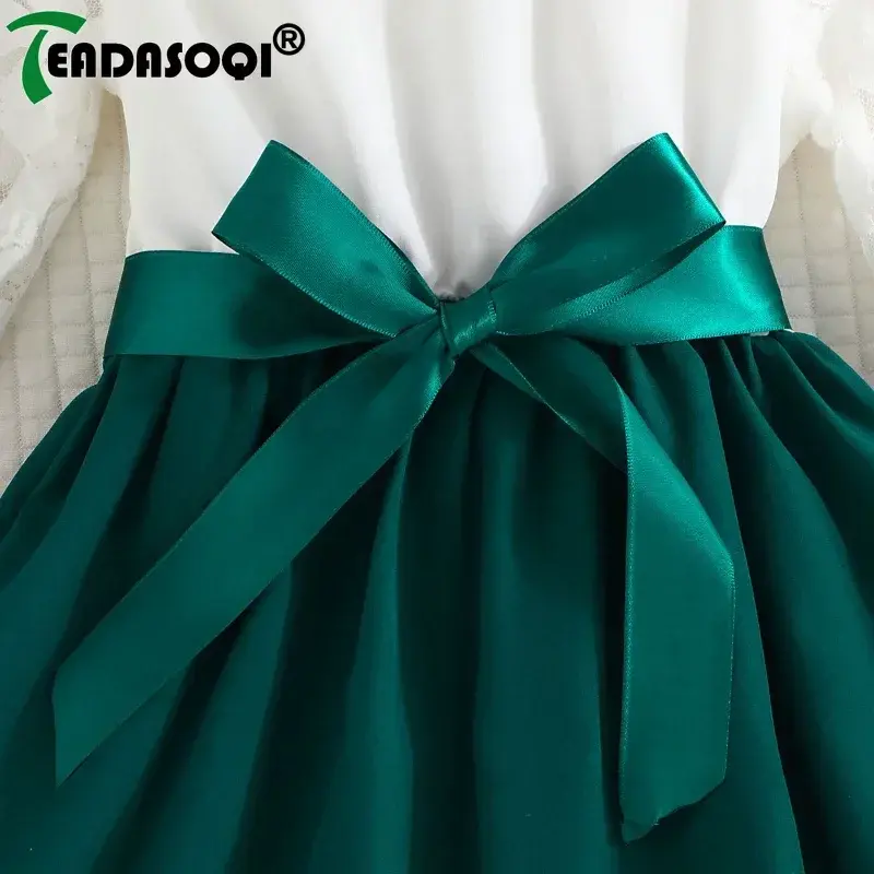 4-7Y Kids Girl Dress White Mesh Embroidery Lace Splicing Stand Collar Long-Sleeved Frilly Skirt Stylish Girls Princess Dresses