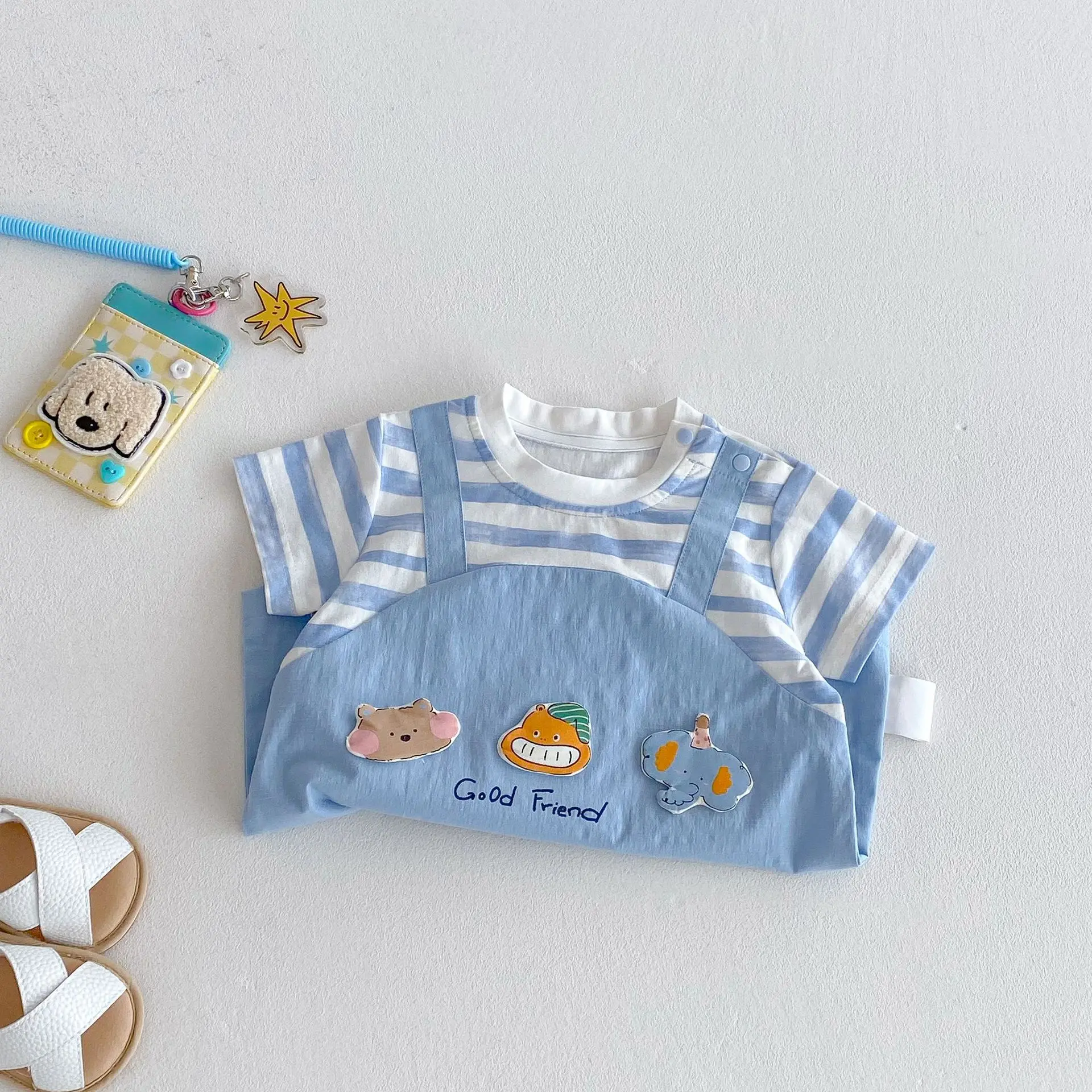 Baby Fake Two-piece Crawling Suit 2025 New Baby Korean Version Striped Jumpsuit Trendy Newborn 3D Cartoon Clothes