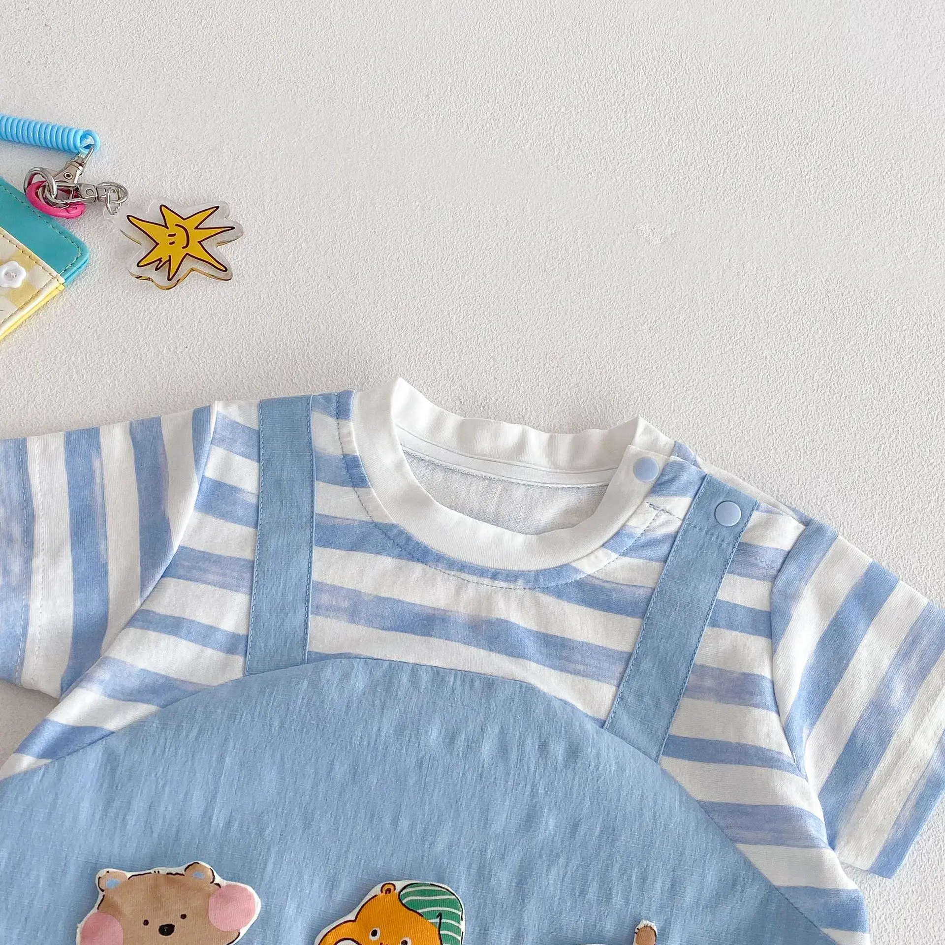 Baby Fake Two-piece Crawling Suit 2025 New Baby Korean Version Striped Jumpsuit Trendy Newborn 3D Cartoon Clothes