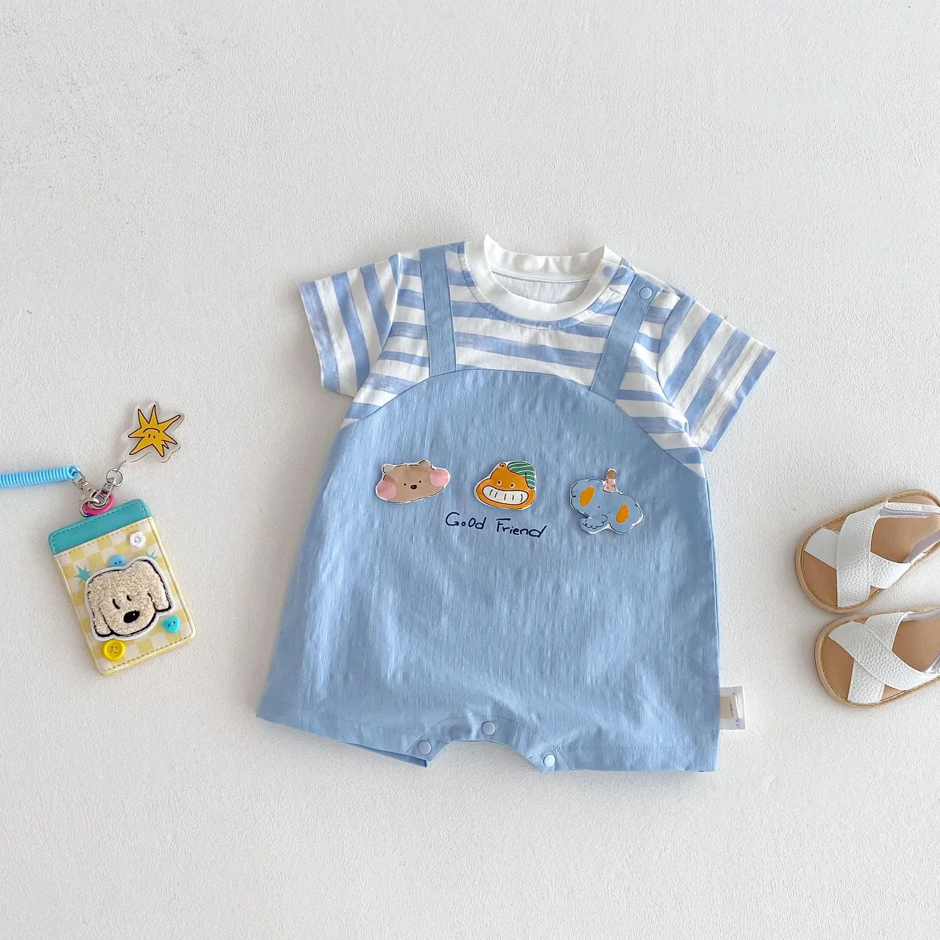 Baby Fake Two-piece Crawling Suit 2025 New Baby Korean Version Striped Jumpsuit Trendy Newborn 3D Cartoon Clothes