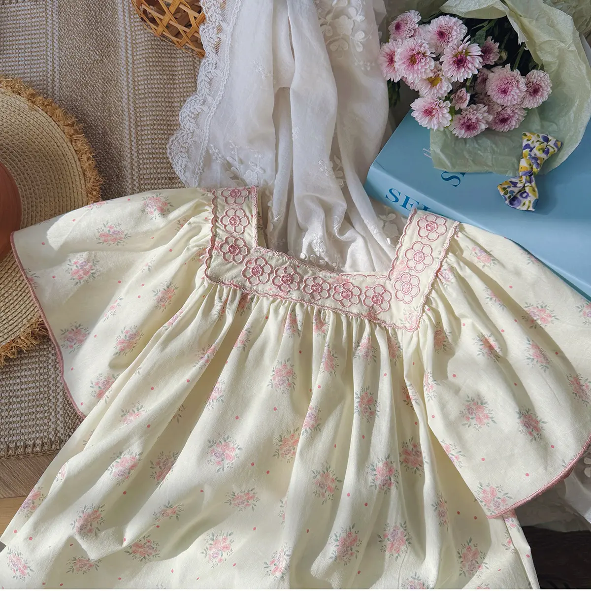 2025 Summer Style Forest Series Retro Embroidered Girls' Dress Horn Short Sleeve Floral Children's Skirt Children's Clothing