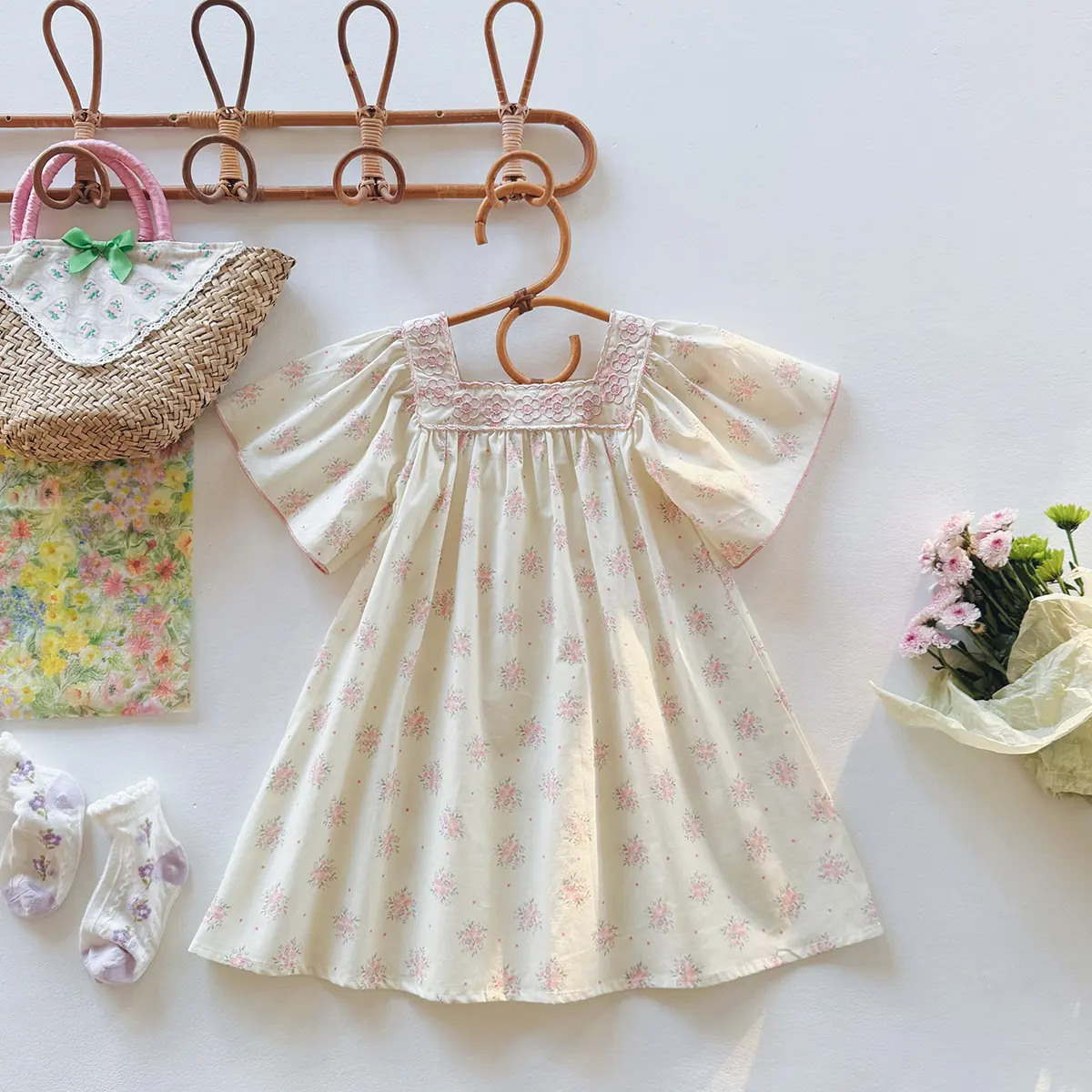 2025 Summer Style Forest Series Retro Embroidered Girls' Dress Horn Short Sleeve Floral Children's Skirt Children's Clothing
