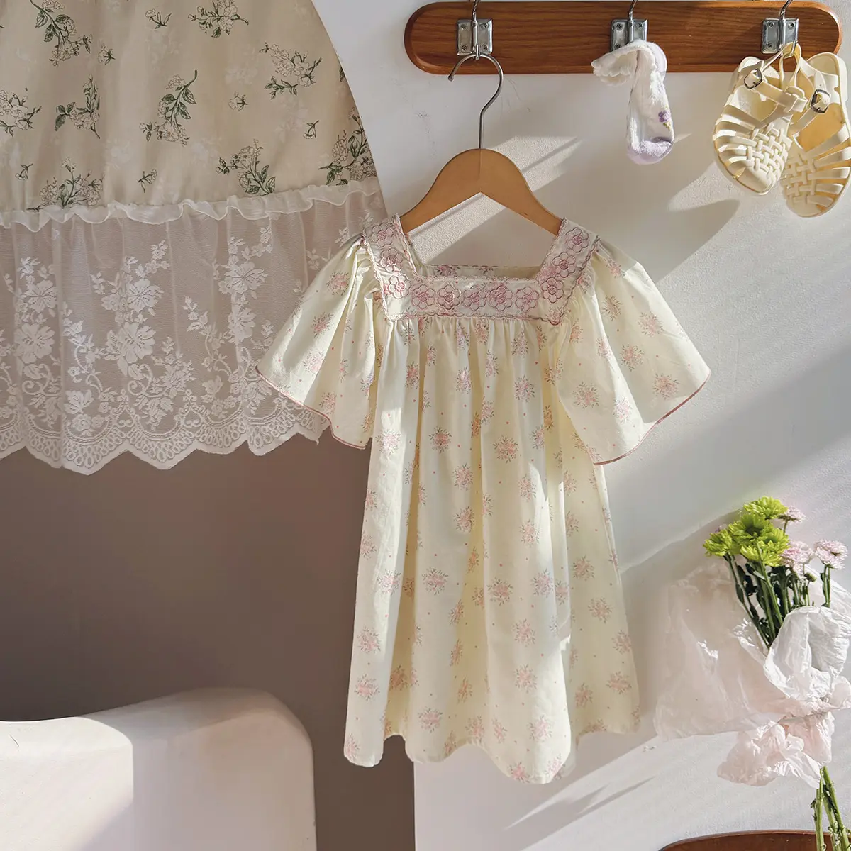 2025 Summer Style Forest Series Retro Embroidered Girls' Dress Horn Short Sleeve Floral Children's Skirt Children's Clothing