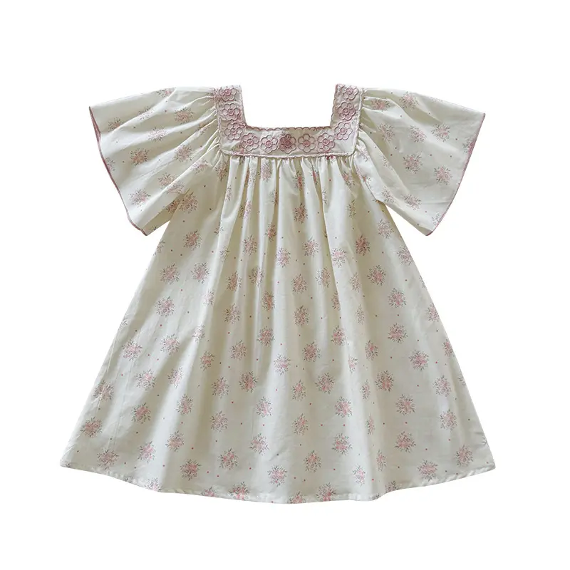 2025 Summer Style Forest Series Retro Embroidered Girls' Dress Horn Short Sleeve Floral Children's Skirt Children's Clothing