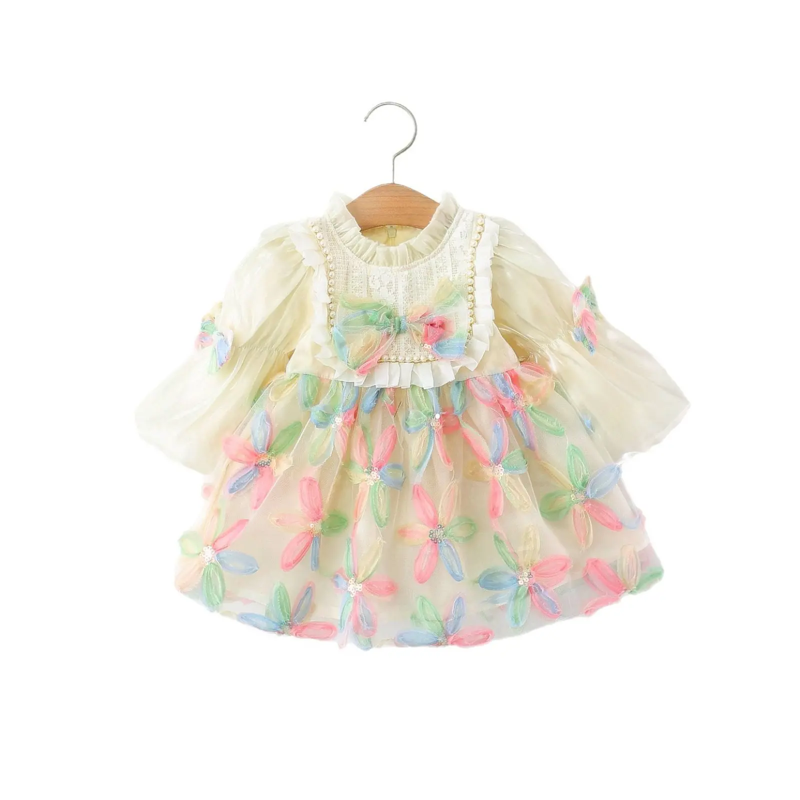 2025 Girls' Spring/Autumn Fashion: Flowery A-Line Princess Dress with Sweet, Long Sleeves for Elegant Kids’ Style!
