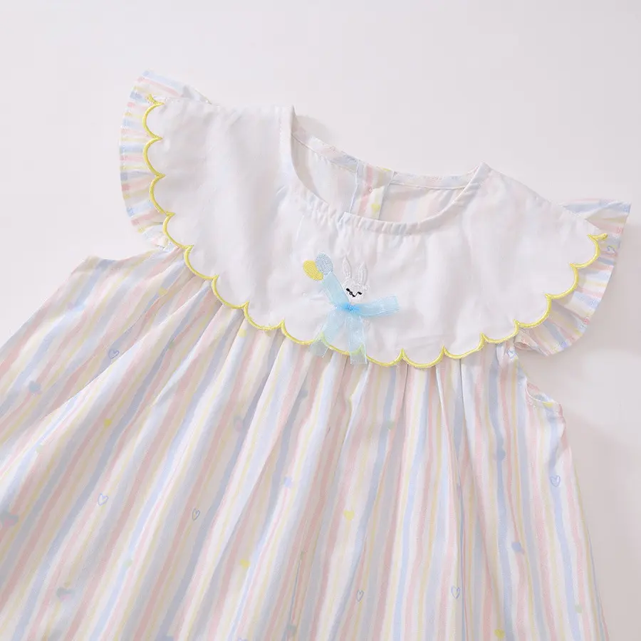 Girls' Striped Embroidered Dress 2025 New Summer Baby Korean Version Cute Little Flying Sleeve Princess Dress