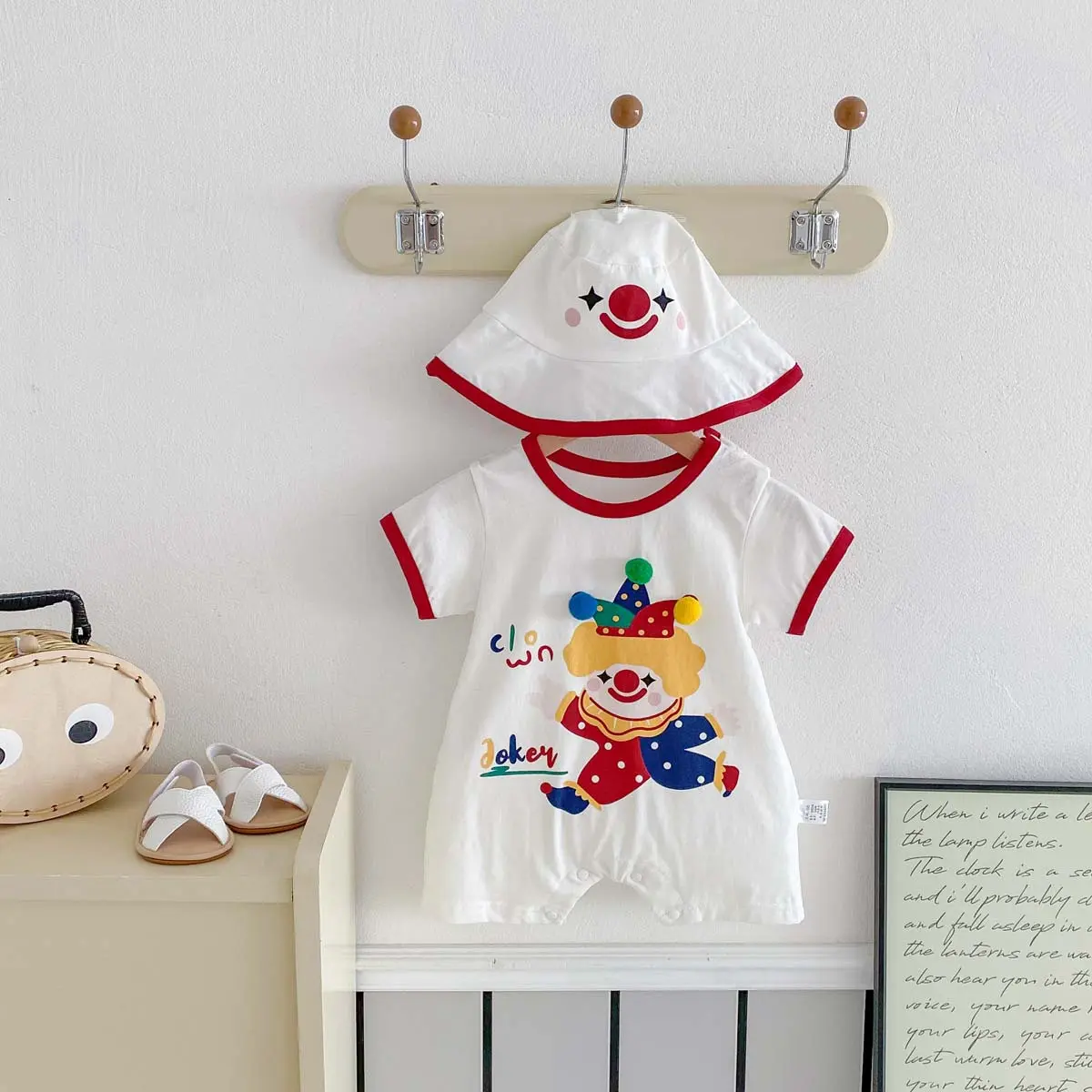 Baby Boy's Summer Clothes, Thin Cartoon Clown Short Sleeved Crawling Clothes, Baby Jumpsuit for Going Out Romper Sending Hats